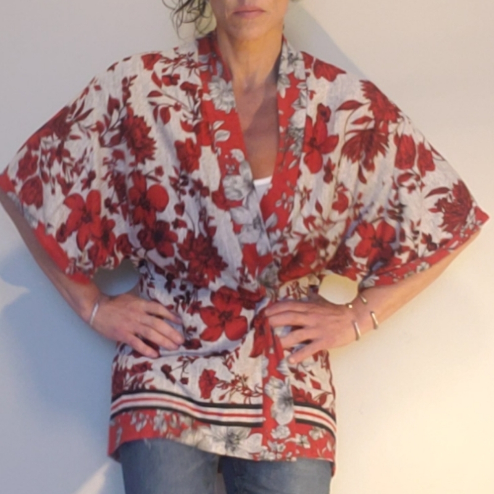 NWT❤Bobeau Red/grey/navy Kimono tunic 3/4 …
